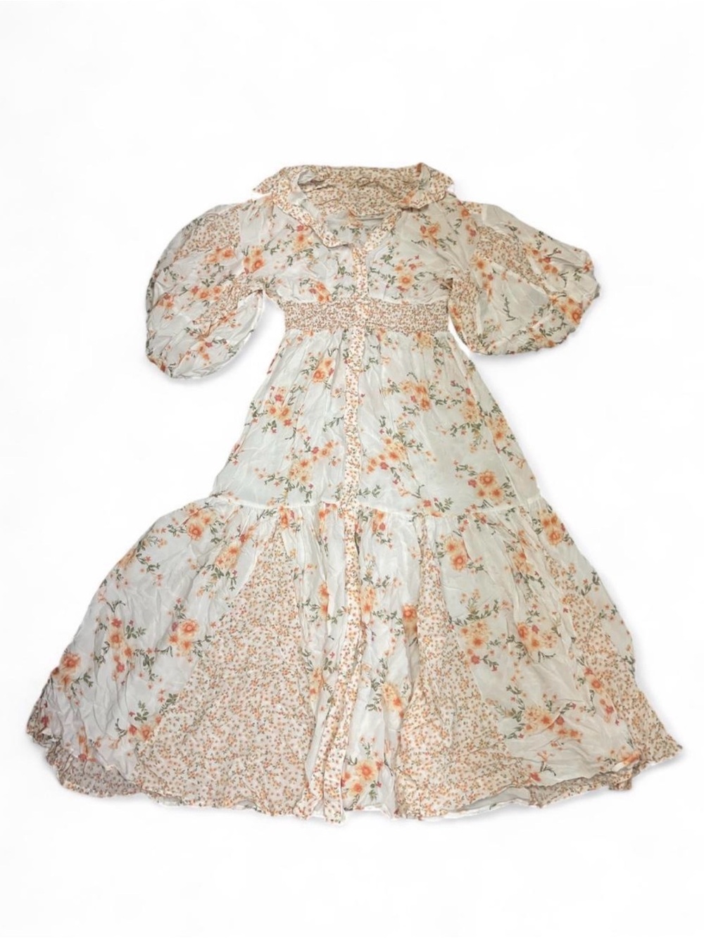 Lovestitch Floral Puff-Sleeve Maxi Dress in Cream/Peach Elegant Dressy Sz M